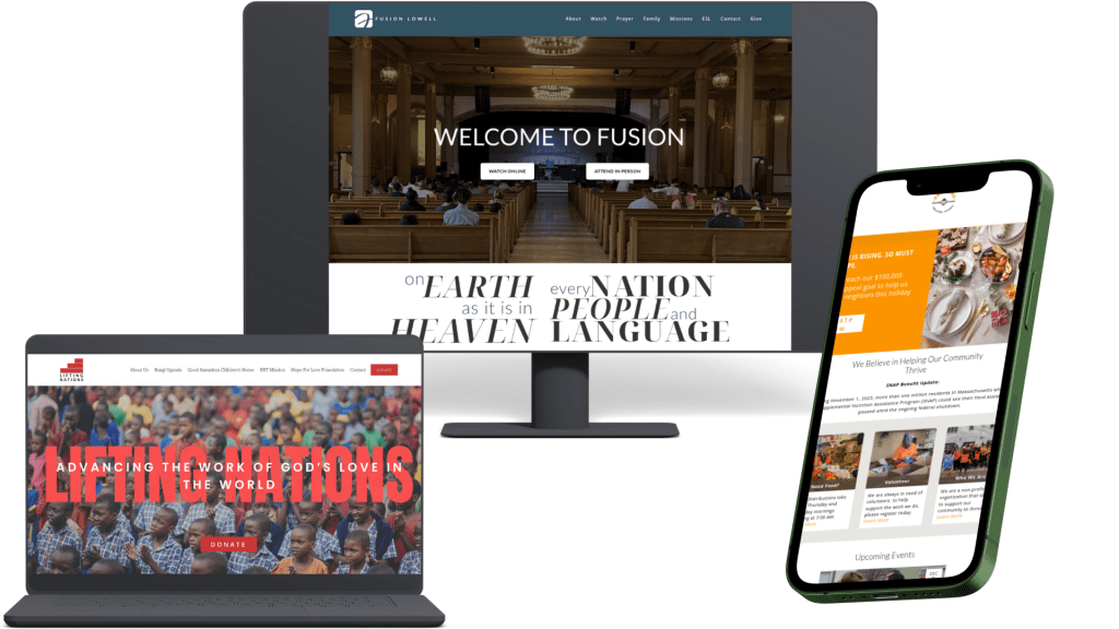 A display of three devices showing different church and community-related websites, including content about worship, donations, and community events.