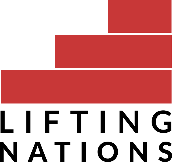 Logo of 'Lifting Nations' featuring stacked red blocks above the bold text.